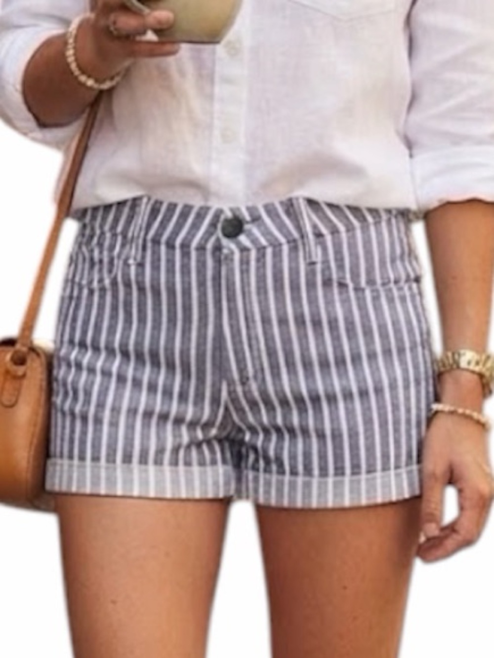 H&M Chambray Blue Ivory Pinstripe Pocket Summer Shorts Coastal Nautical 6 NWT